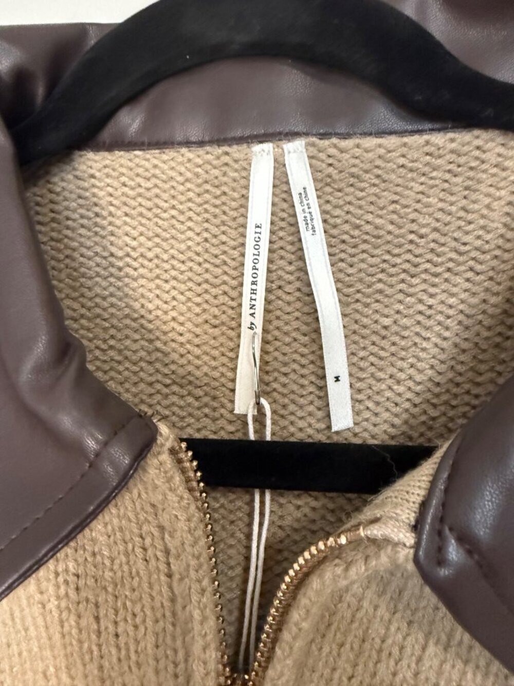 By Anthropologie Faux Leather Mixed Zip Cardigan Sweater Camel Black Medium - Picture 3 of 9